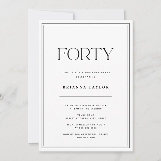 Elegant Typography Black & White 40th Birthday Invitation (Front)