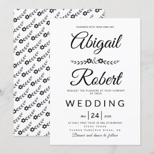 Elegant typography black white flowers wedding invitation