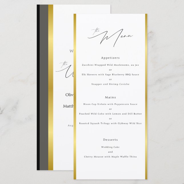 Elegant Typography Black White Gold Stripe Wedding Menu (Front/Back)