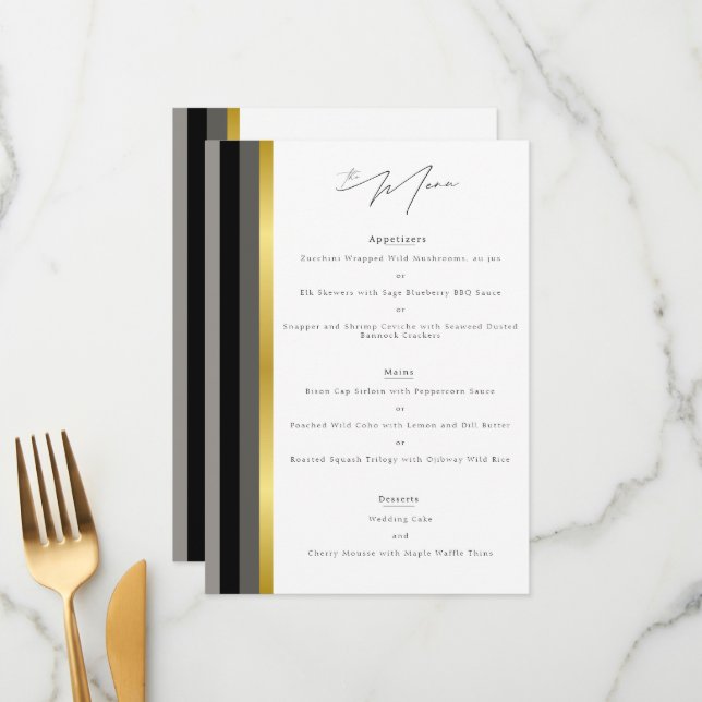 Elegant Typography Black White Gold Stripe Wedding Menu (Front/Back In Situ)