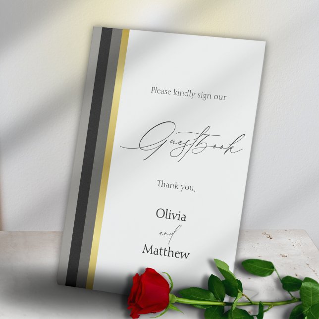 Elegant Typography Black White Gold Stripe Wedding Pedestal Sign (Creator Uploaded)