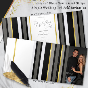 Elegant Typography Black White Gold Stripe Wedding Tri-Fold Card