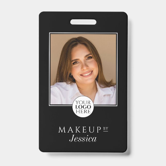 Elegant Typography Black White Photo Makeup ID Badge (Front)