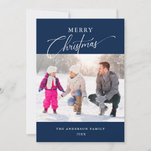 Elegant Typography Blue 2 Photos Merry Christmas Holiday Card