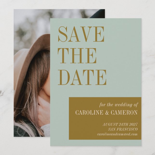 Elegant Typography Blue Gold Photo Wedding Save The Date (Front/Back)