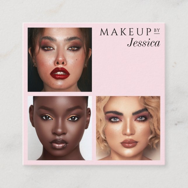 Elegant Typography Blush Pink 3 Photo Makeup Square Business Card (Front)