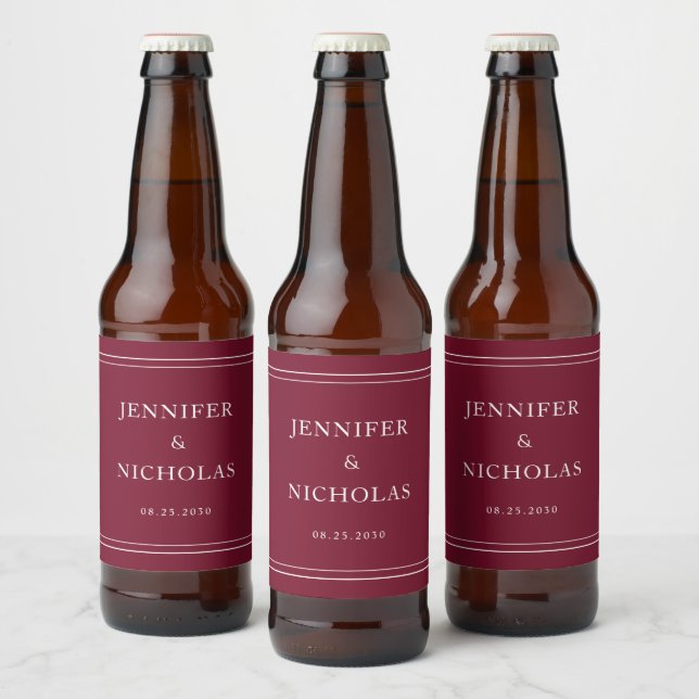 Elegant Typography Burgundy Wedding Beer Bottle Label (Bottles)