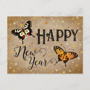 Elegant Typography Butterfly Stars Rustic New Year Holiday Postcard