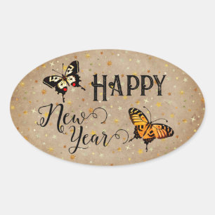 Elegant Typography Butterfly Stars Rustic New Year Oval Sticker