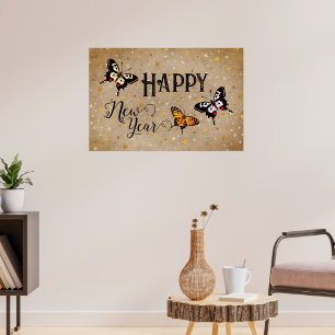 Elegant Typography Butterfly Stars Rustic New Year Poster