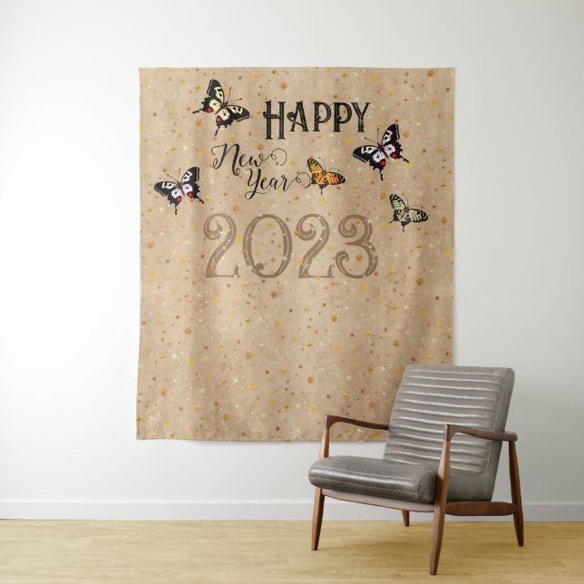 Elegant Typography Butterfly Stars Rustic New Year Tapestry (In Situ)