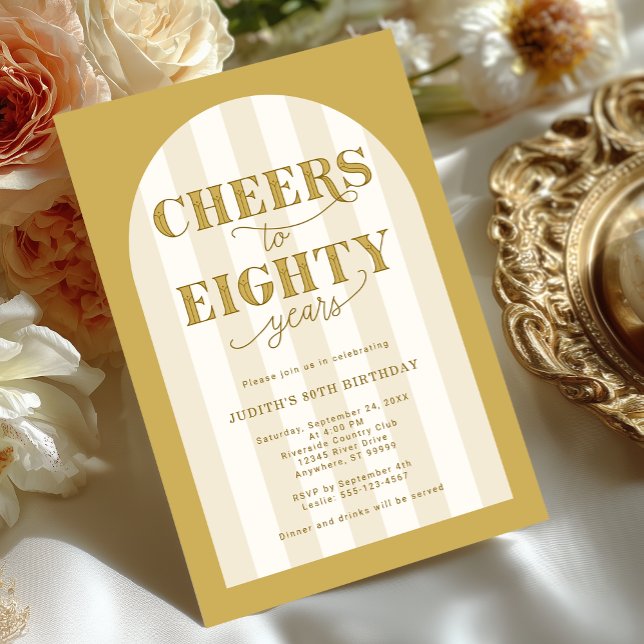 Elegant Typography Cheers 80th Birthday Invitation (Shown on a 5" x 7" invitation)
