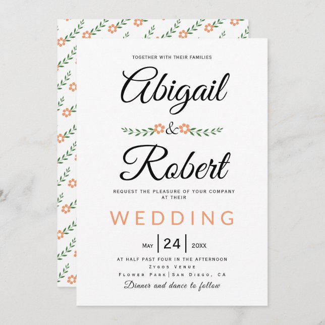 Elegant typography coral peach flowers wedding invitation (Front/Back)
