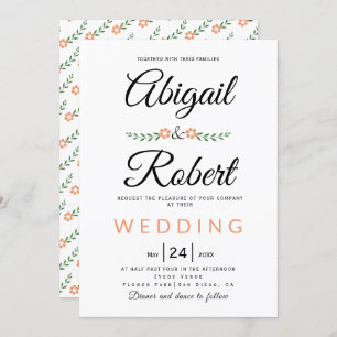 Elegant typography coral peach flowers wedding invitation