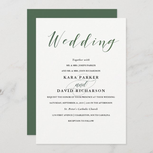 Elegant Typography | Deep Green Wedding Invitation (Front/Back)