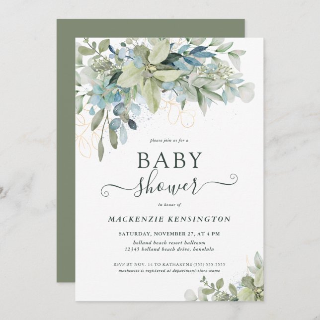 Elegant Typography Eucalyptus Greenery Baby Shower Invitation (Front/Back)