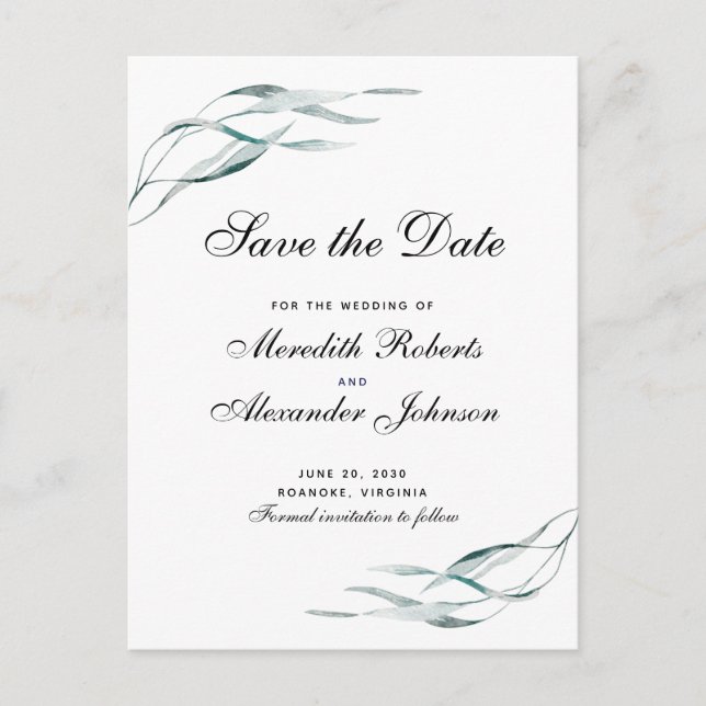Elegant Typography Eucalyptus Leaves Save the Date Announcement Postcard (Front)