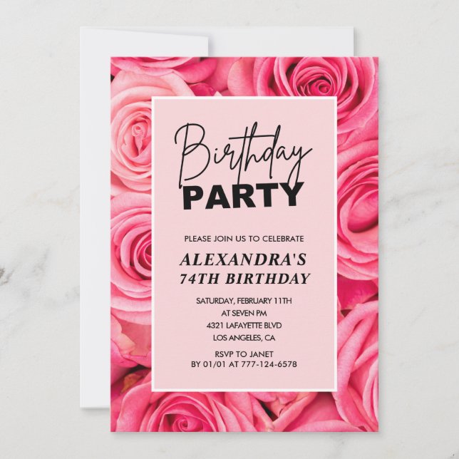 Elegant Typography Floral Pink Roses 74th birthday Invitation (Front)