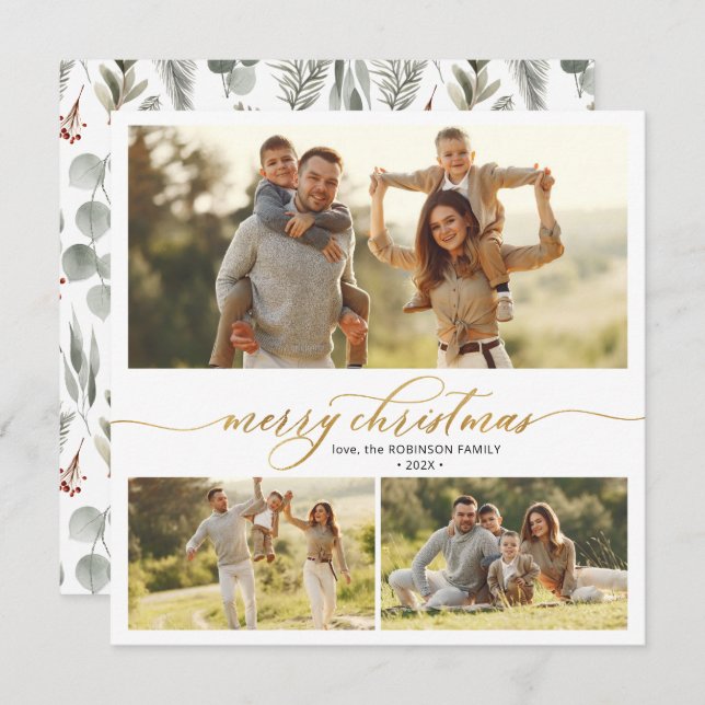 Elegant Typography Foliage 3 Multi Photo Christmas Holiday Card (Front/Back)