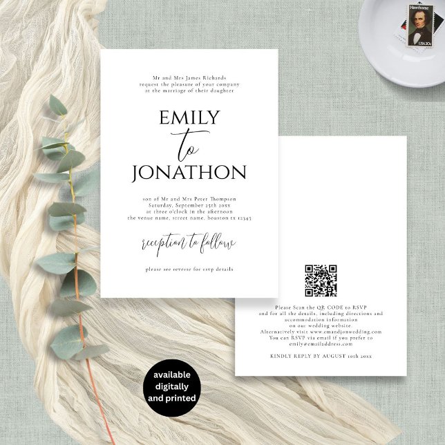 Elegant Typography Formal Black and White Wedding Invitation (Front and back view)
