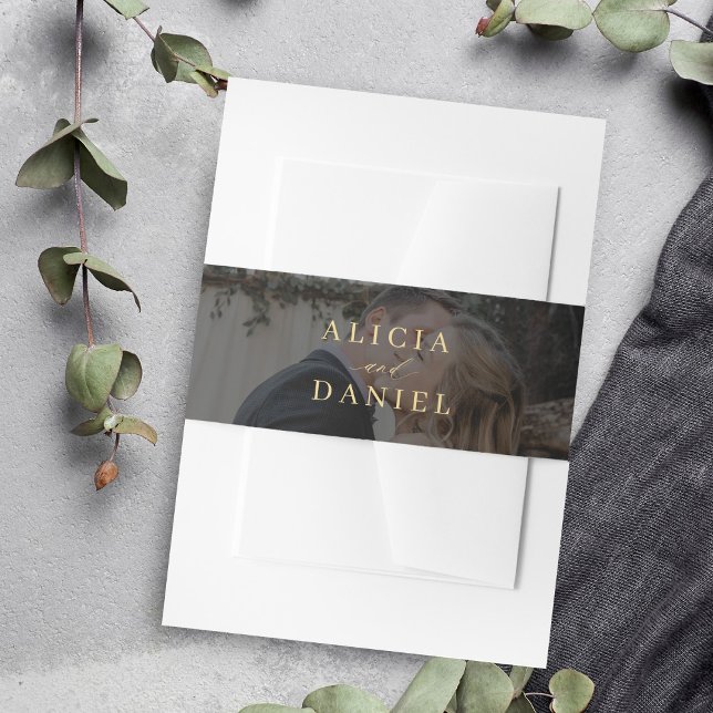 Elegant typography gold black photo wedding invitation belly band (Creator Uploaded)