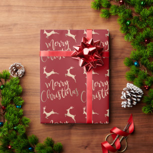 Elegant typography gold Merry Christmas reindeer   Wrapping Paper