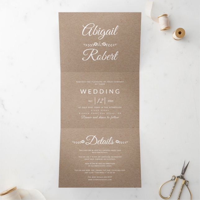 Elegant typography kraft paper rustic wedding Tri-Fold invitation (Inside)