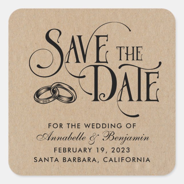 Elegant Typography Kraft Wedding Save The Date  Square Sticker (Front)
