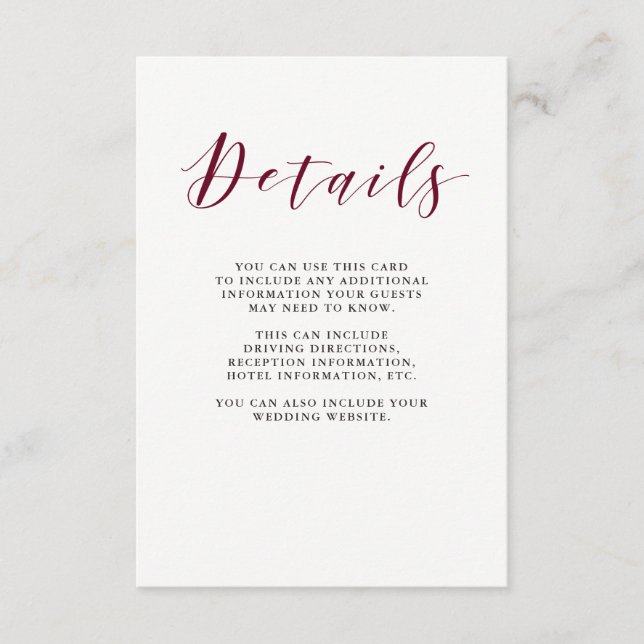 Elegant Typography | Marsala Guest Details Enclosure Card (Front)