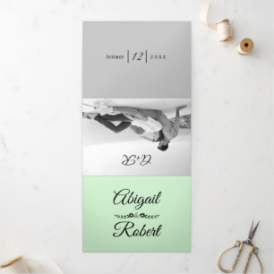 Elegant typography mint green grey photo wedding Tri-Fold invitation