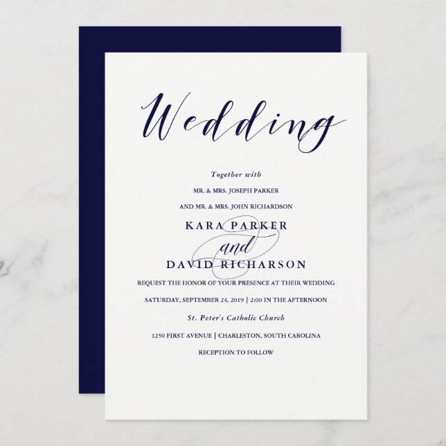 Elegant Typography | Navy Blue Wedding Invitation (Front/Back)