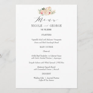 Elegant Typography Peony Gold Wedding or Party Menu