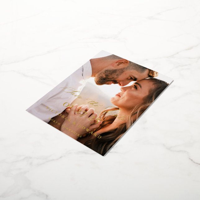 Elegant Typography Photo Save the Date Foil Invitation Postcard (Rotated)