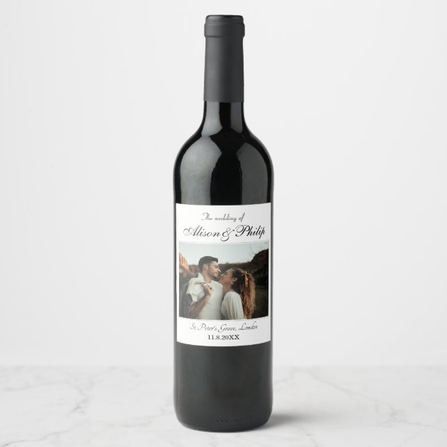 Elegant Typography Photo Template Wedding Wine Label (Front)