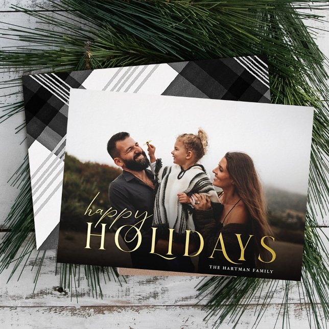 Elegant Typography Plaid Happy Holidays Photo    Foil Holiday Card (Creator Uploaded)
