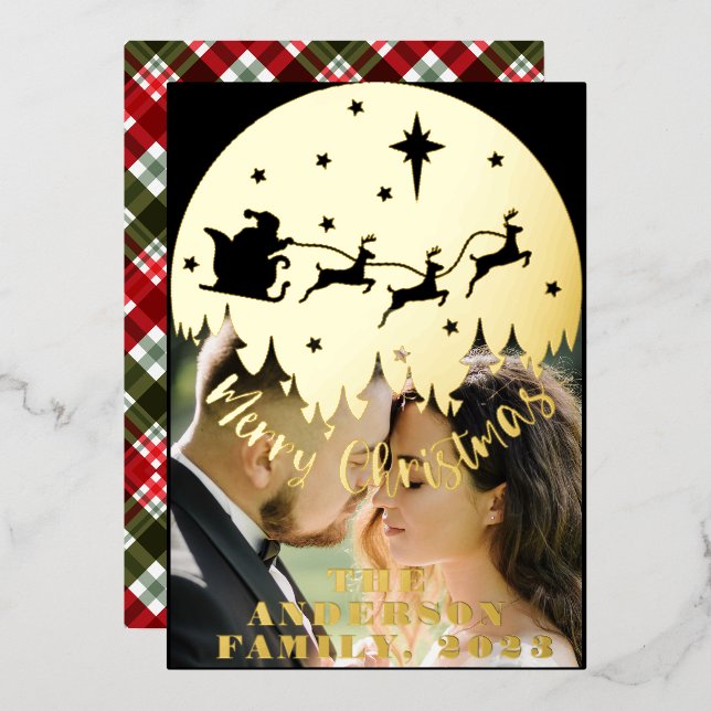 Elegant Typography Plaid Merry Christmas Photo Foil Holiday Card (Front/Back)