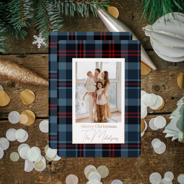 Elegant Typography Plaid Merry Christmas Photo Foil Holiday Card (Creator Uploaded)