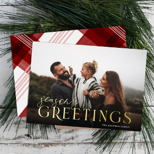 Elegant Typography Plaid Season's Greetings Photo  Foil Holiday Card
