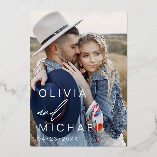 Elegant Typography Save the Date Photo Silver (Front)