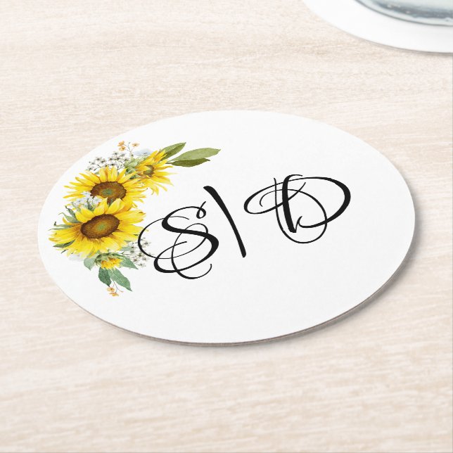 Elegant typography sunflowers wedding round paper coaster (Angled)
