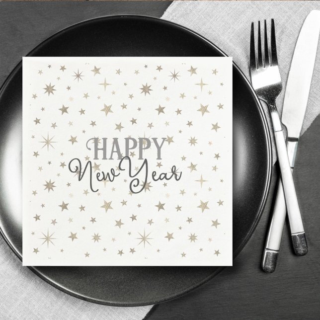 Elegant Typography White Grey Stars Happy New Year Napkin (Creator Uploaded)