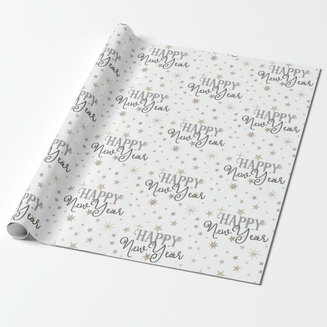Elegant Typography White Grey Stars Happy New Year Wrapping Paper (Unrolled)