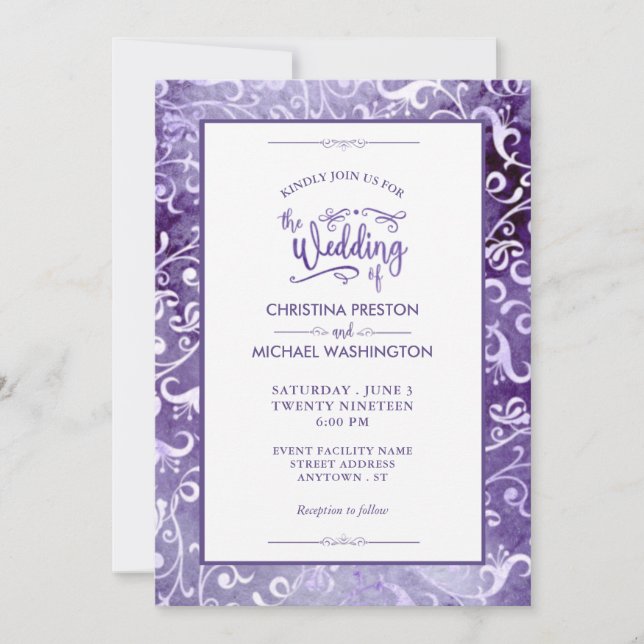Elegant Ultra Violet Watercolor Flourishes Wedding Invitation (Front)