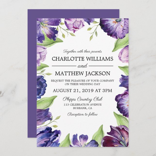 Elegant Ultra Violet Watercolor Tulips Wedding Invitation (Front/Back)