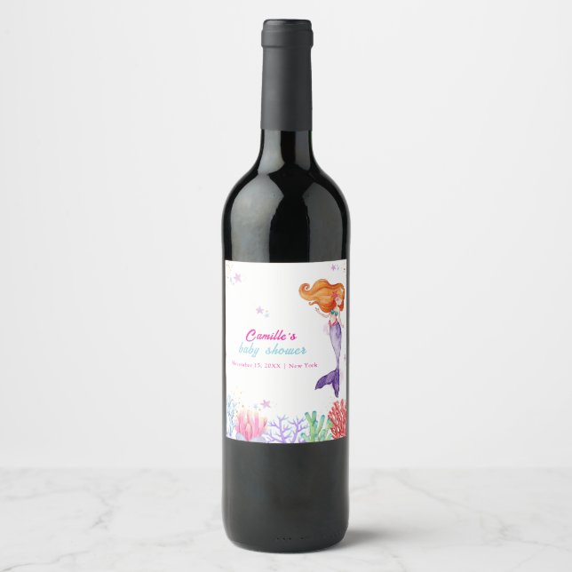 Elegant Under The Sea Mermaid Coral Baby Shower  Wine Label (Front)