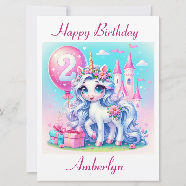 Elegant Unicorn 2-Year-Old Birthday Card (Front)