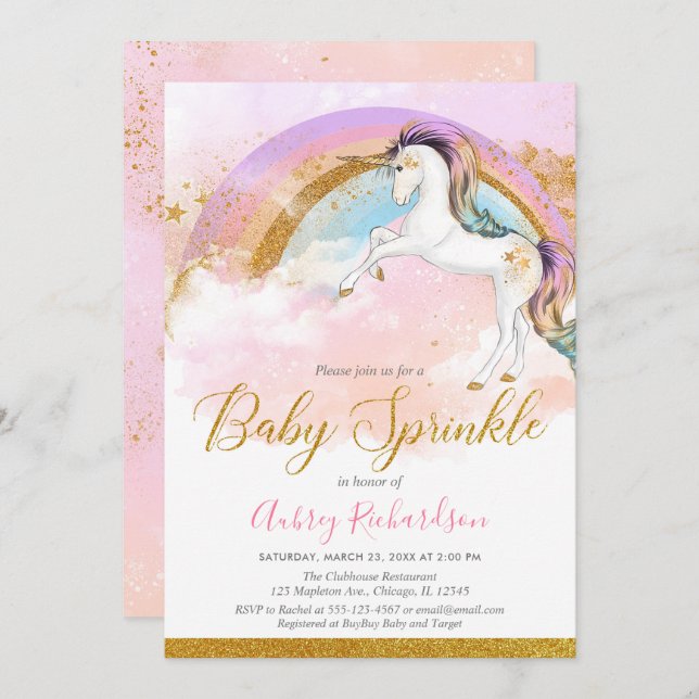 Elegant unicorn baby sprinkle girl pastel rainbow invitation (Front/Back)