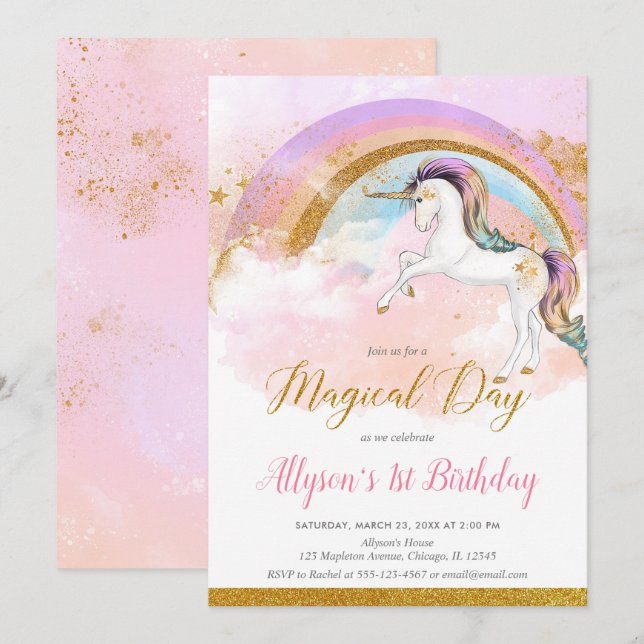 Elegant unicorn pastel rainbow girl birthday party invitation (Front/Back)