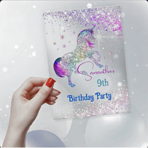 Elegant unicorn pink aqua glitter birthday acrylic invitations
