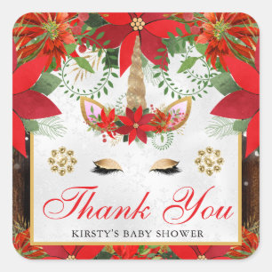 Elegant Unicorn Poinsettia Baby Shower Favour Square Sticker